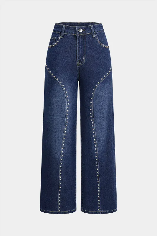 Denim Rivet Decor Straight Leg Jeans sold by Micas