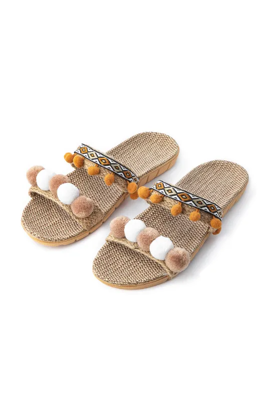 Fringe Trim Slippers sold by Micas