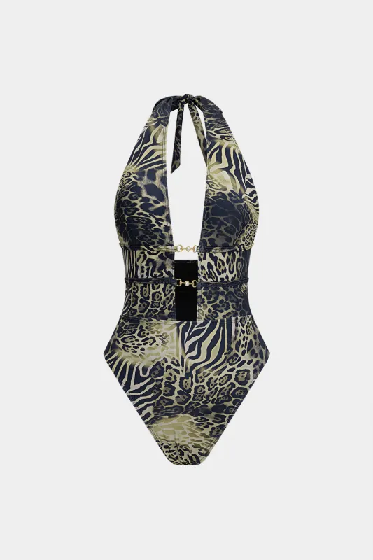Tiger Print Tie Back Metallic Cut Out Swimsuit sold by Micas