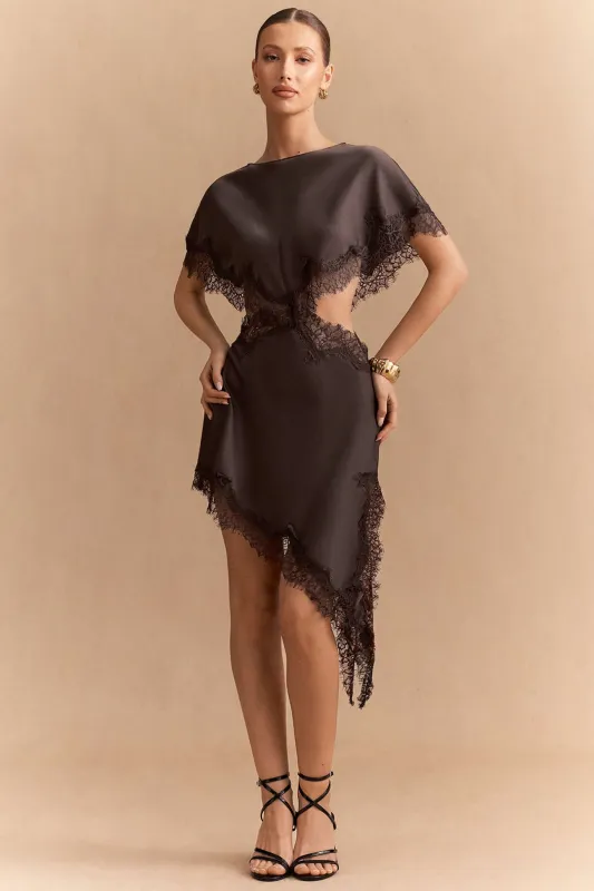 Satin Patchwork Lace Trim Cut Out Short Sleeve Midi Dress sold by Micas