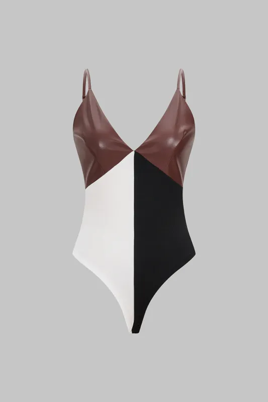 Contrast Faux Leather Patchwork V-Neck Sleeveless Bodysuit sold by Micas