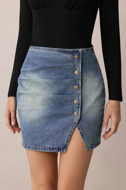 Denim Asymmetrical Pleated Button Skirt sold by Micas