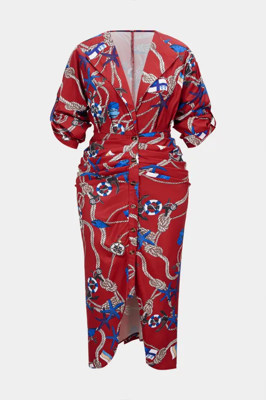 Plus Size Artistic Print Lapel V-Neck Button Pleated Long Sleeve Maxi Dress sold by Micas