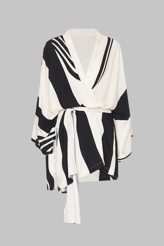 Contrast Stripes Print Crossed V-Neck Belted Long Sleeve Mini Dress made by Micas