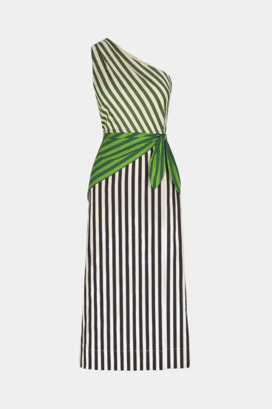 Stripes Contrast Print One Shoulder Knotted Sleeveless Midi Dress sold by Micas