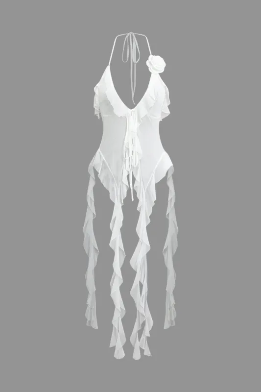 Solid Ruffle Fringe Backless Appliques Tie-Up Cami Top sold by Micas