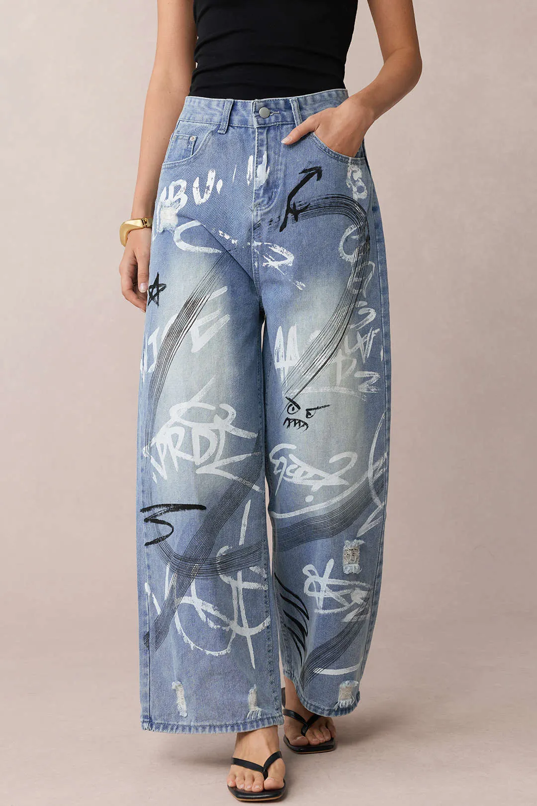 Denim Graffiti Print Zipper Straight Leg Jeans sold by Micas product image thumbnail 4
