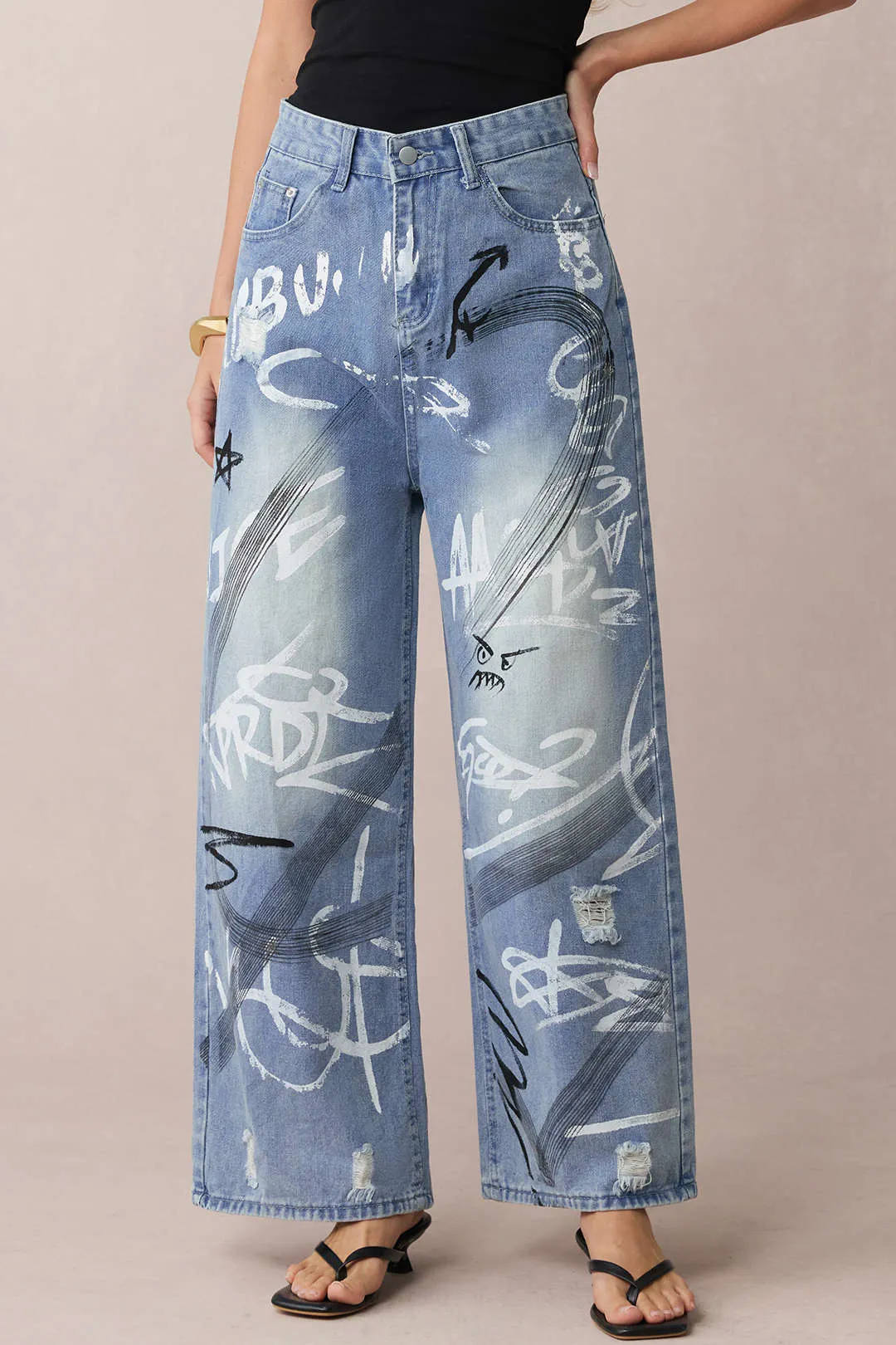 Denim Graffiti Print Zipper Straight Leg Jeans sold by Micas