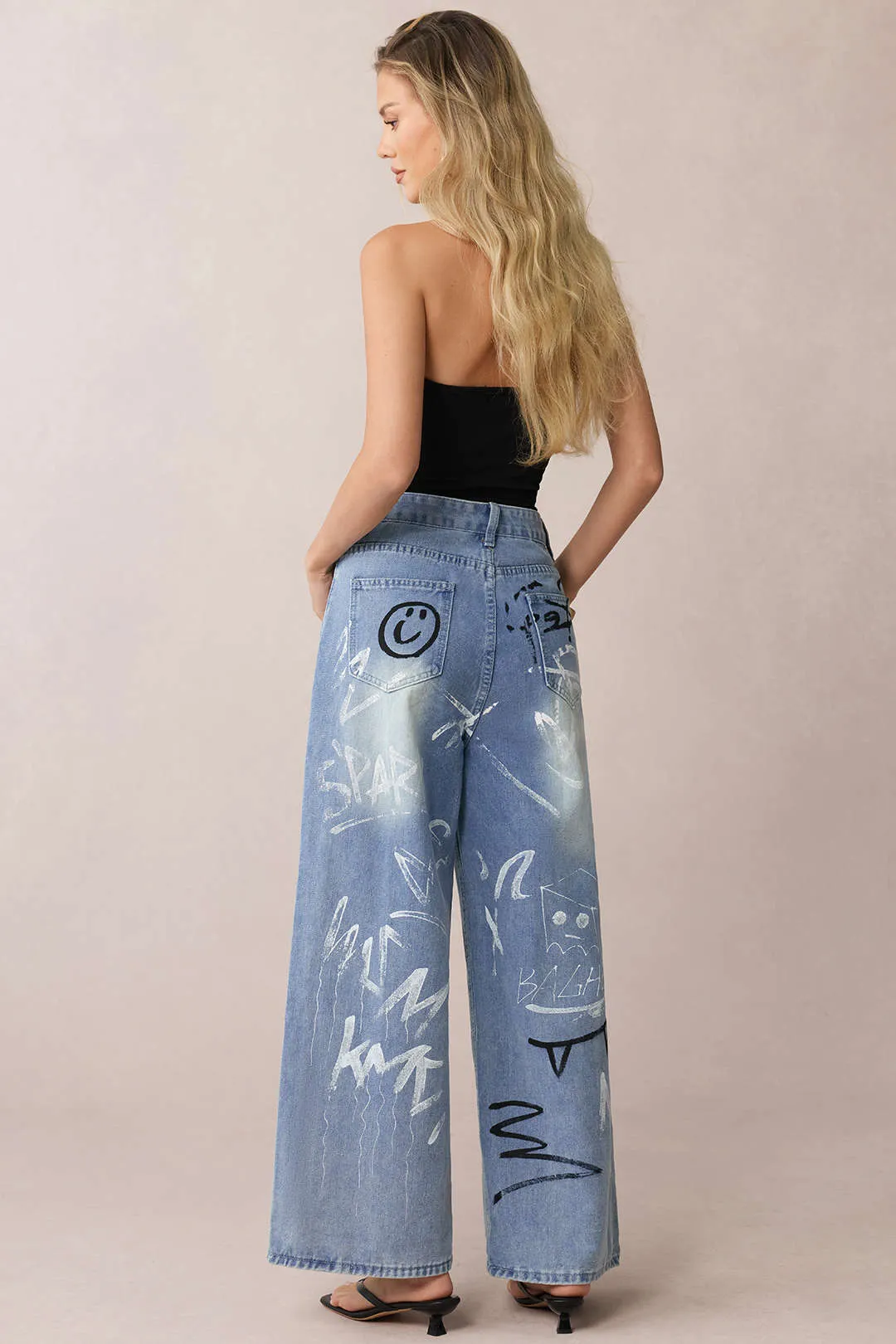 Denim Graffiti Print Zipper Straight Leg Jeans sold by Micas product image thumbnail 2