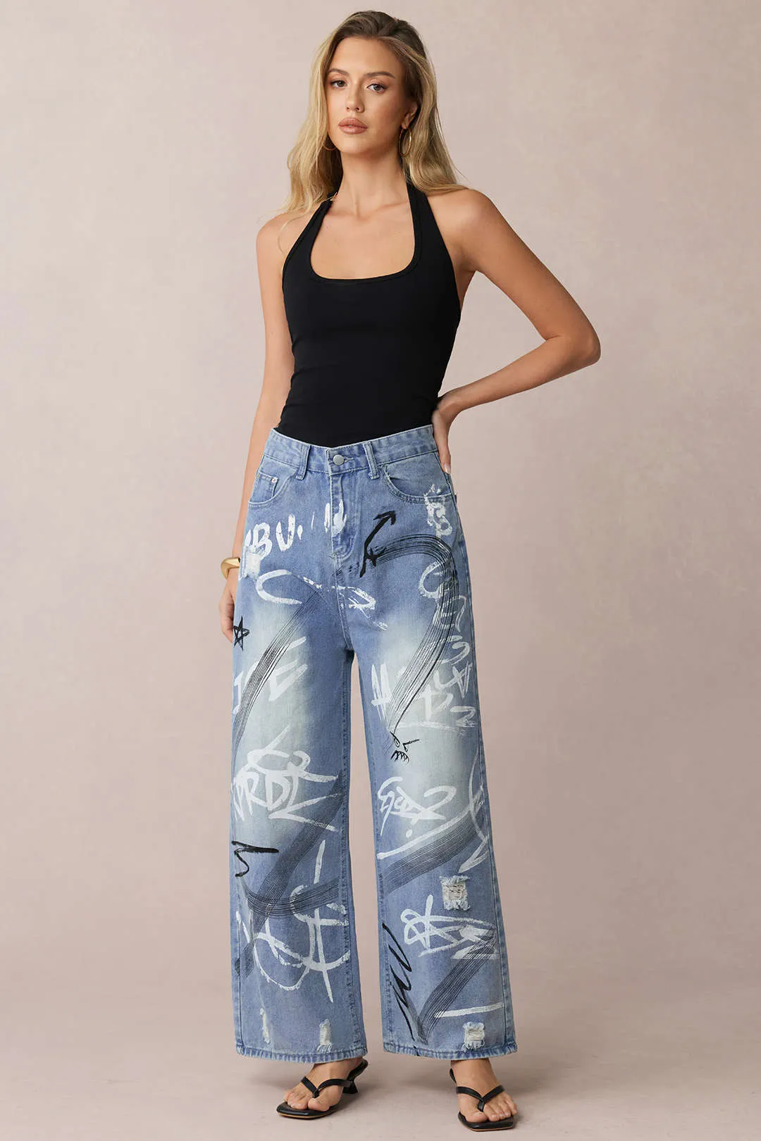 Denim Graffiti Print Zipper Straight Leg Jeans sold by Micas product image thumbnail 3