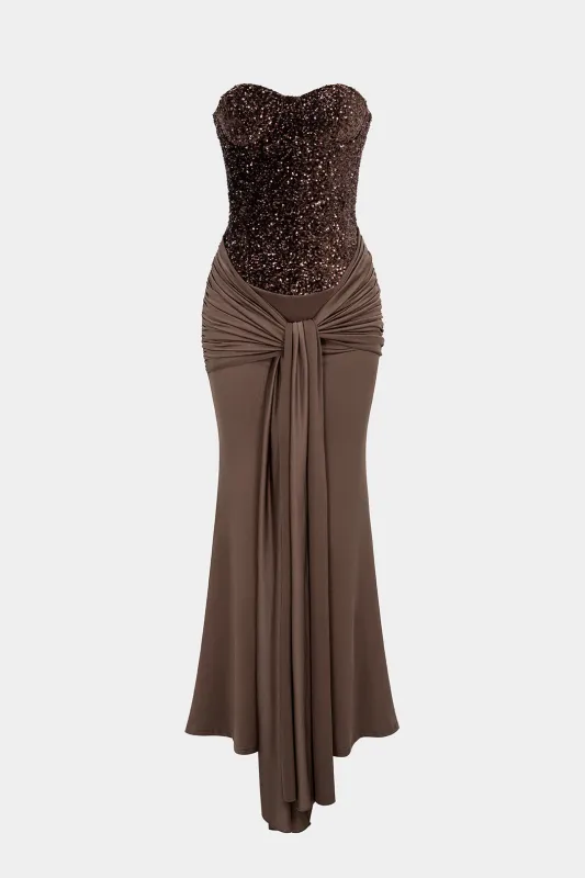 Sequin Patchwork Strapless Tie Front Sleeveless Maxi Dress With Scarf sold by Micas