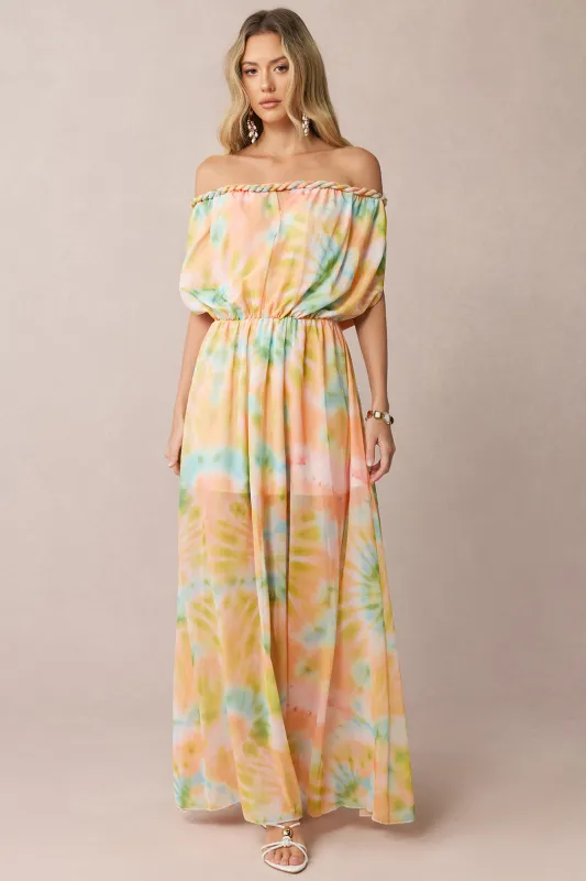 Tie Dye Print Chiffon Off Shoulder Twist Knot Ruched Sleeveless Maxi Dress made by Micas