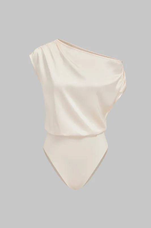 Satin Patchwork One Shoulder Ruched Sleeveless Bodysuit sold by Micas