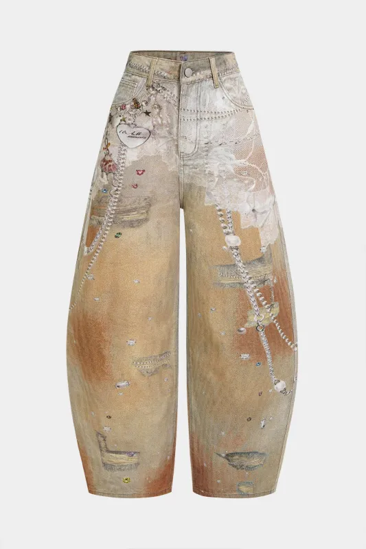 Artistic Denim Print Wide Leg Pants sold by Micas