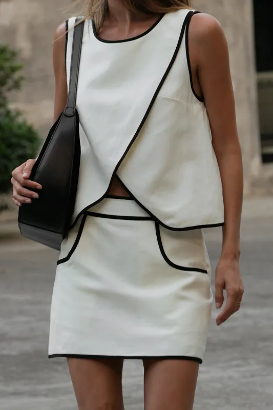 Contrast Binding Linen Patchwork Round Neck Asymmetrical Tank Top And High Waist Mini Skirt Set sold by Micas