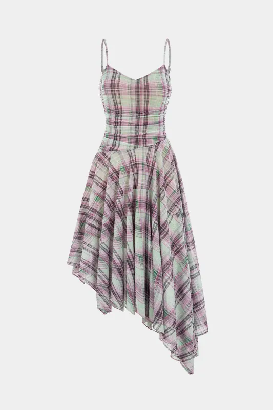 Contrast Plaid Print Mesh V-Neck Asymmetrical Slip Sleeveless Midi Dress sold by Micas