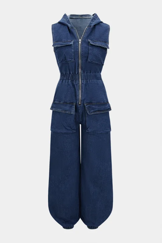 Denim Hooded Shirred Zipper Pocket Sleeveless Jumpsuit sold by Micas