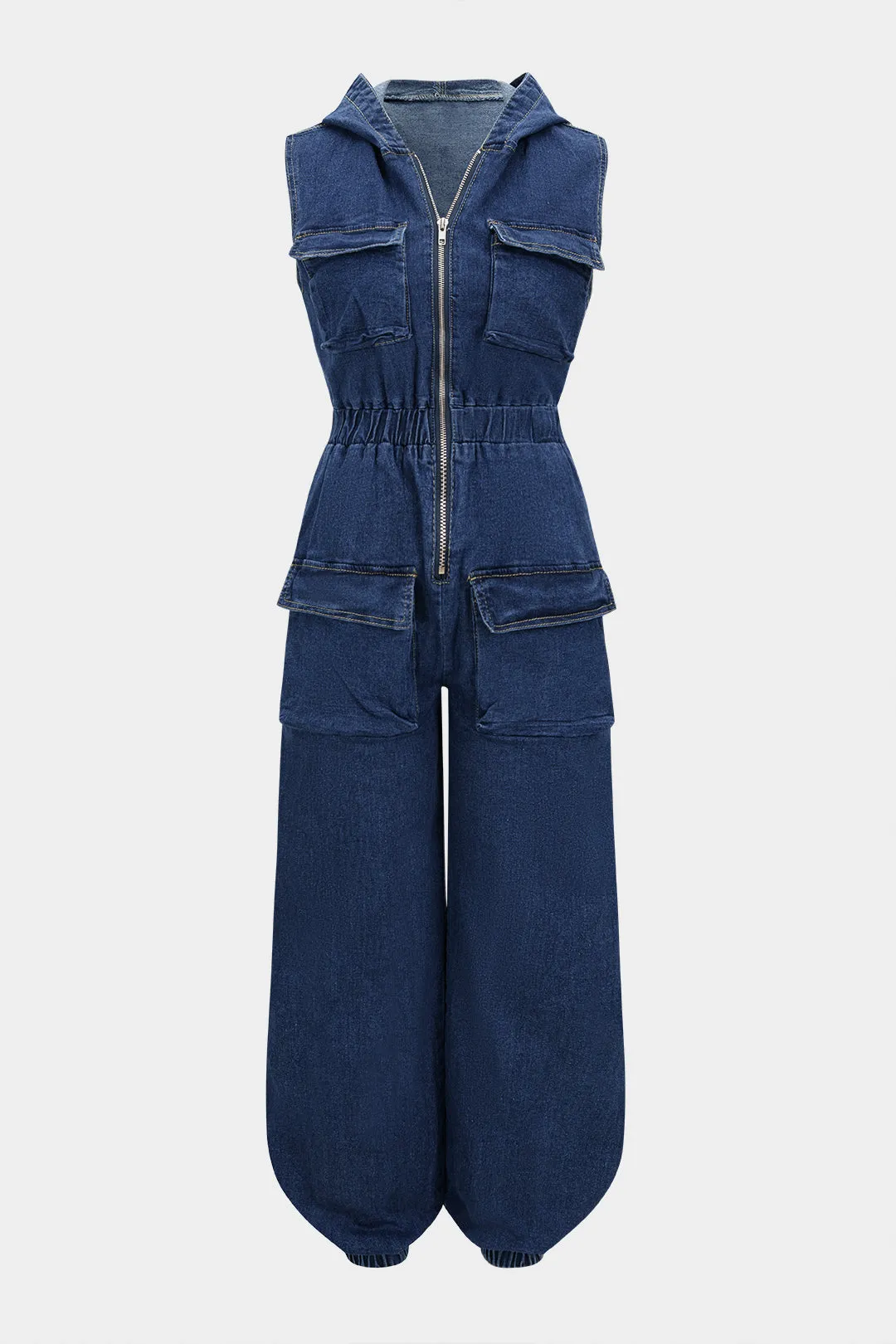 Denim Hooded Shirred Zipper Pocket Sleeveless Jumpsuit sold by Micas