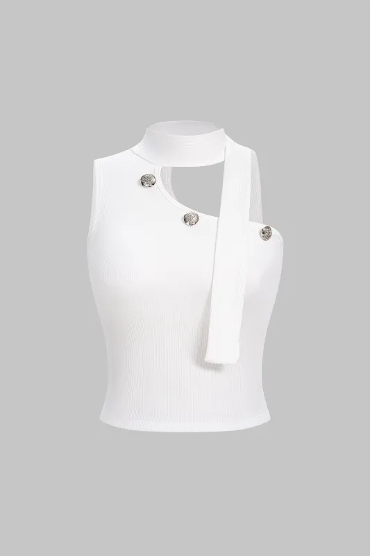 Halter Neck One Shoulder Asymmetrical Button Tank Top With Scarf sold by Micas