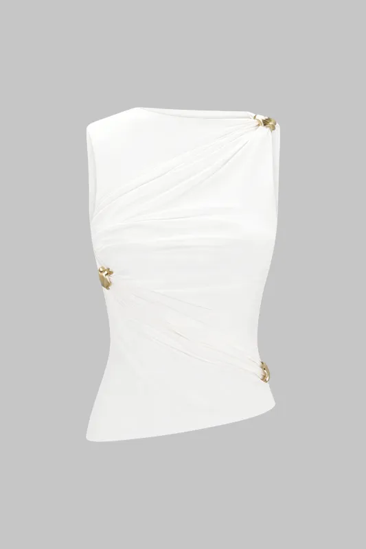 Metallic Decor Asymmetrical Ruched Tank Top sold by Micas