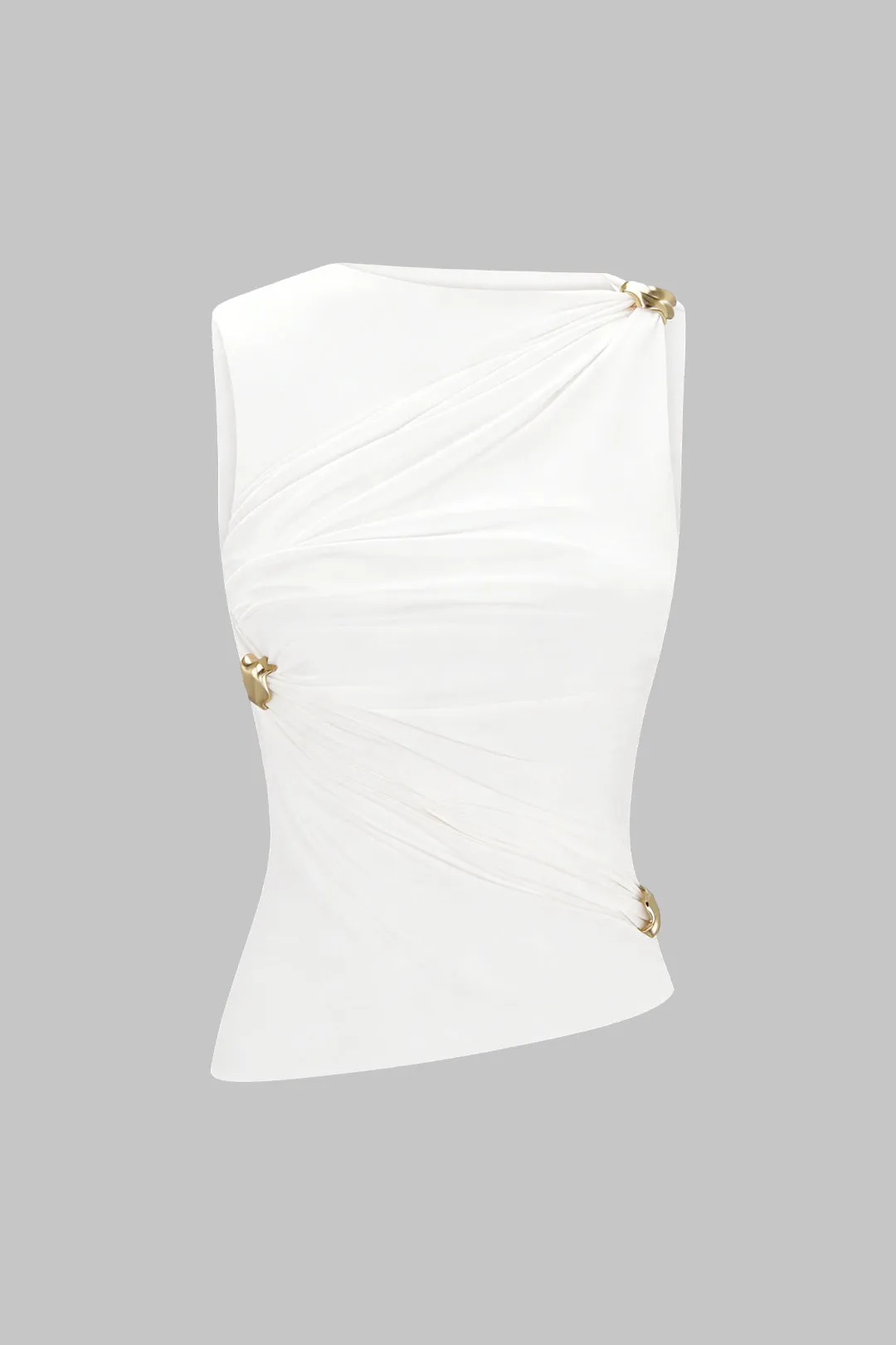 Metallic Decor Asymmetrical Ruched Tank Top sold by Micas