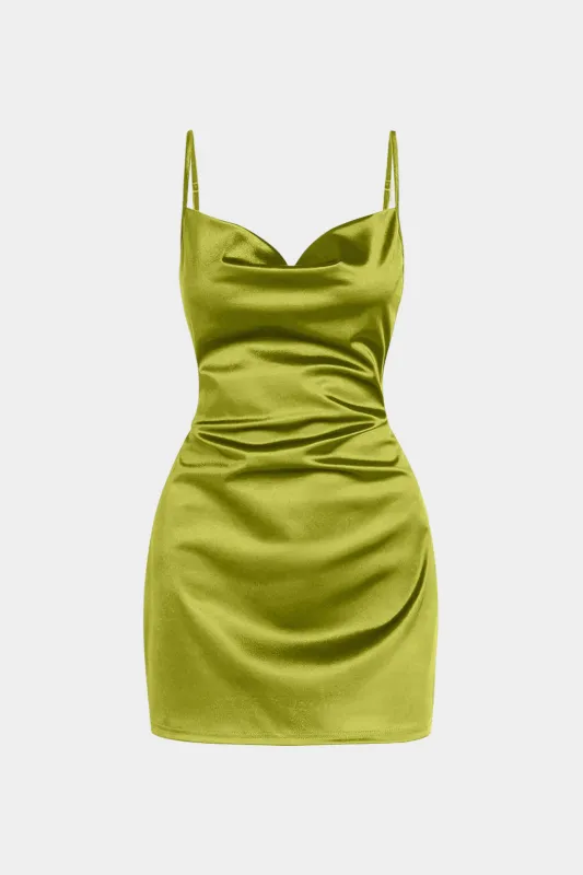 Plus Size Satin Draped Cowl Neck Ruched Sleeveless Slip Mini Dress sold by Micas