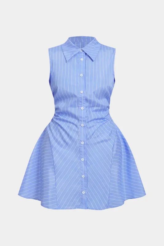 Plus Size Stripes Print Lapel Tie Back Sleeveless Mini Dress made by Micas