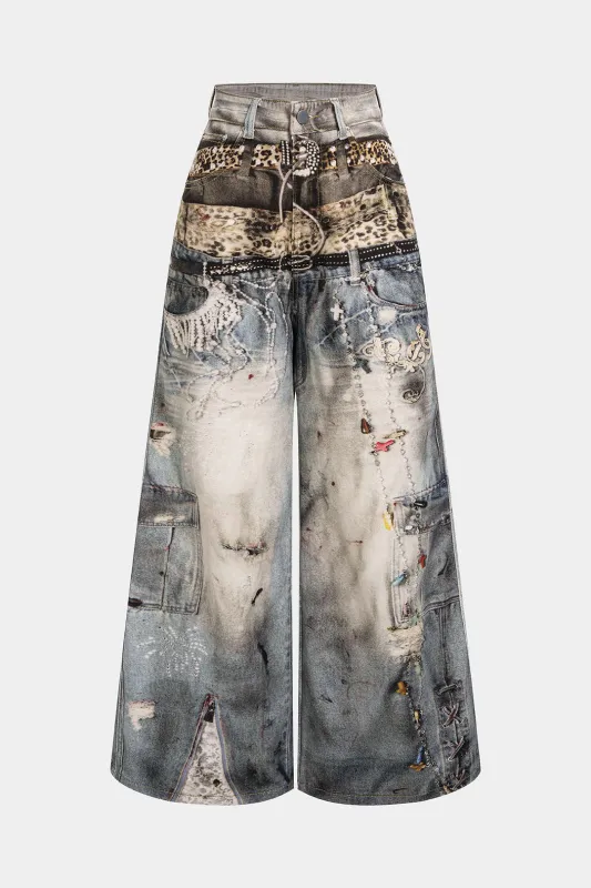 Artistic Denim Print Button Pocket Straight Leg Pants sold by Micas