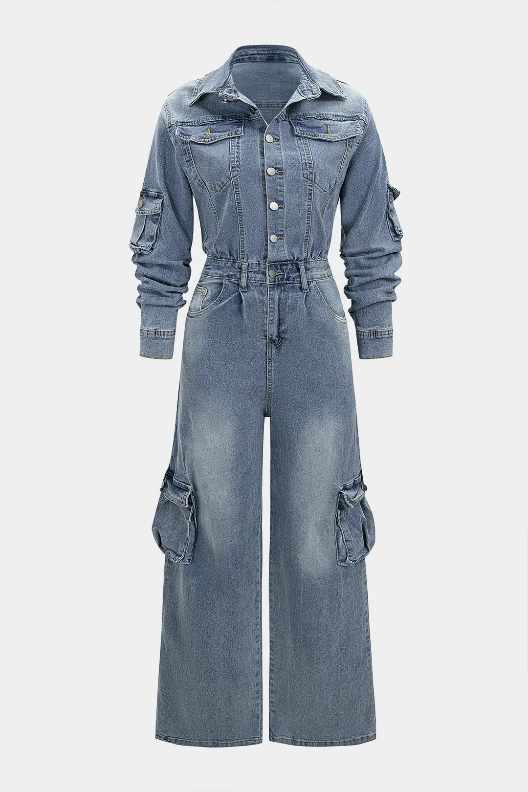 Denim Lapel Pocket Button Long Sleeve Jumpsuit sold by Micas