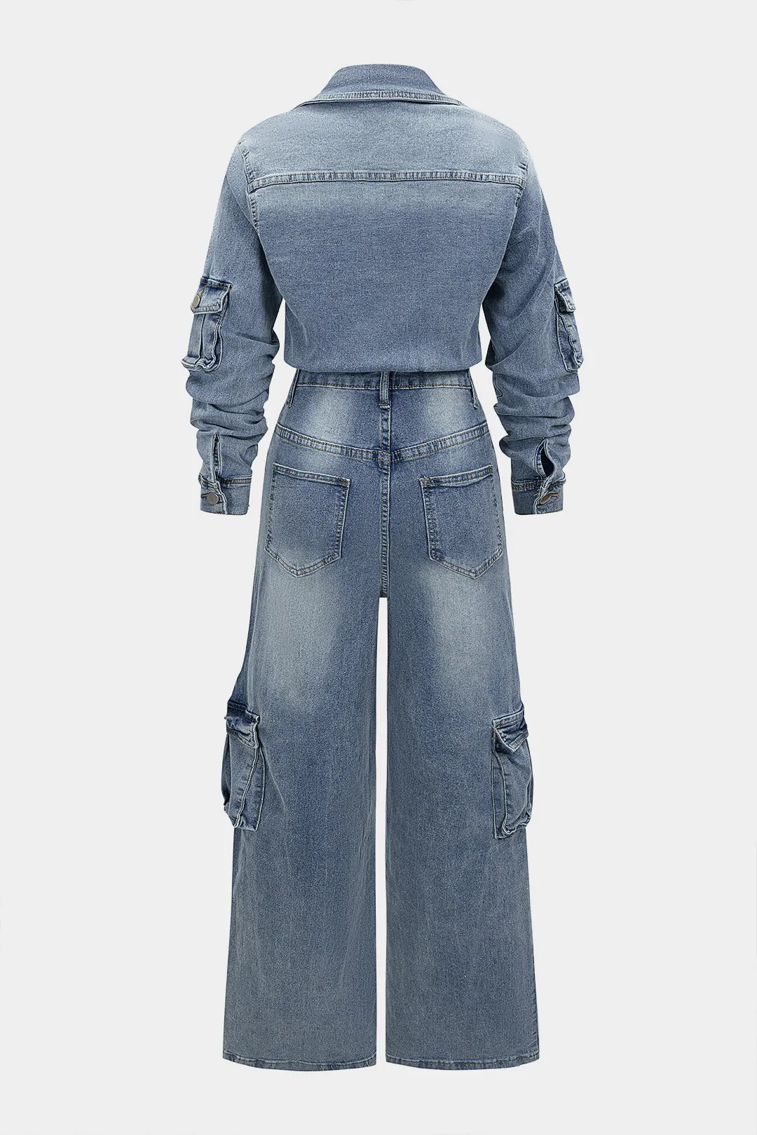 Denim Lapel Pocket Button Long Sleeve Jumpsuit sold by Micas product image thumbnail 2