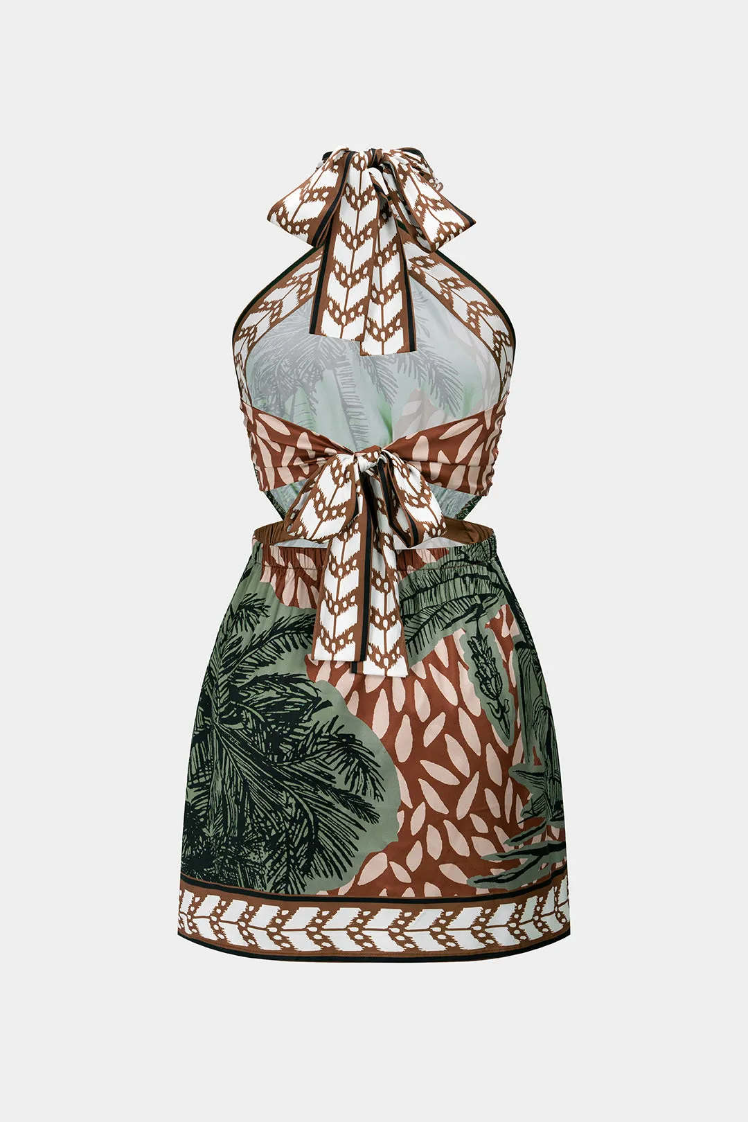 Leaves Print Satin Halter Neck Tie Back Backless Sleeveless Mini Dress sold by Micas product image thumbnail 2