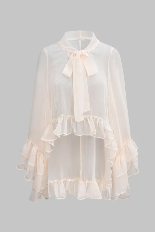 Sheer Ruffle Hem Strappy Long-Sleeve Shirt sold by Micas