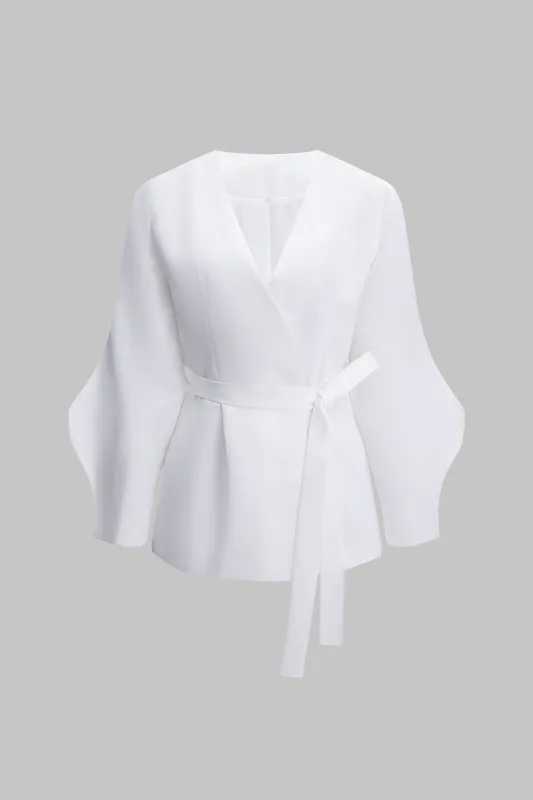 Solid V-Neck Tie Up Long-Sleeve Shirt sold by Micas