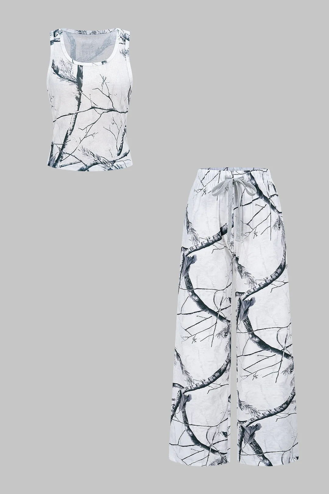 Branches Print Sleeveless Tank Top And Drawstring High Waist Pants Set sold by Micas