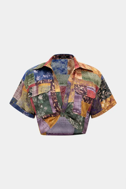Patchwork Print Satin V-Neck Ruched Short Sleeve Top sold by Micas