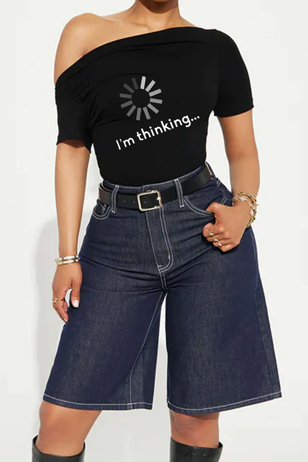 Letter Print One Shoulder Short Sleeve T-Shirt sold by Micas