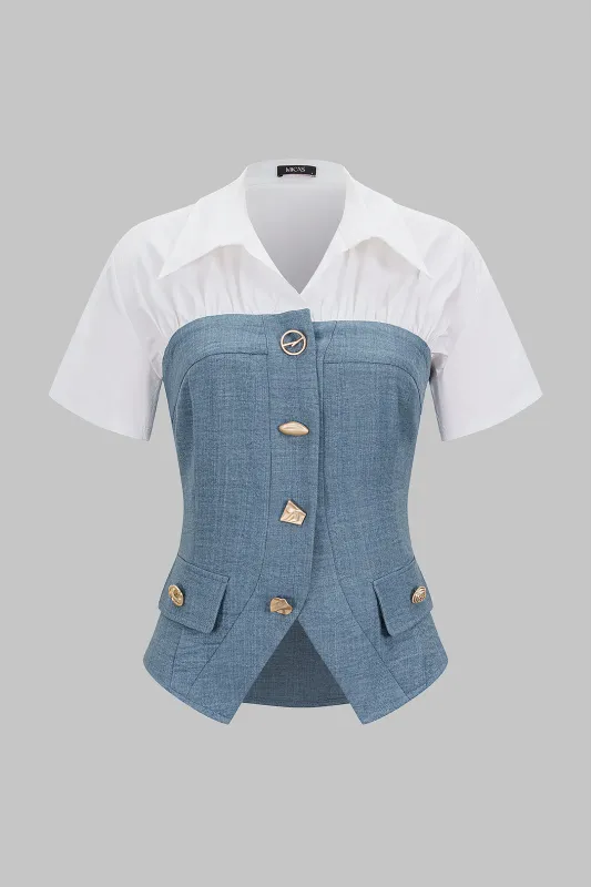 Contrast Irregular Button Lapel Short Sleeve Top sold by Micas