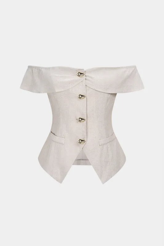 Linen Metallic Button Off-Shoulder Sleeveless Top sold by Micas