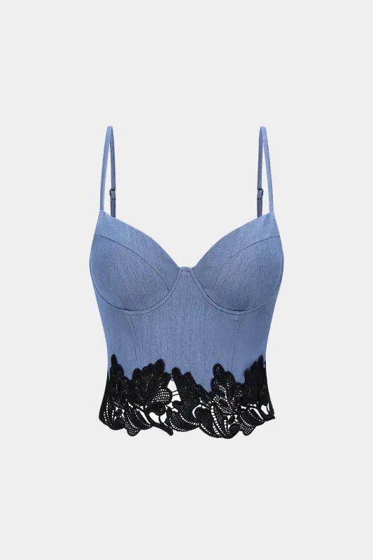 Denim Lace Trim Zipper Cami Top sold by Micas