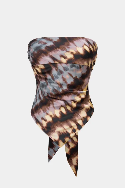 Abstract Tie Dye Print Satin Knotted Backless Tube Top sold by Micas