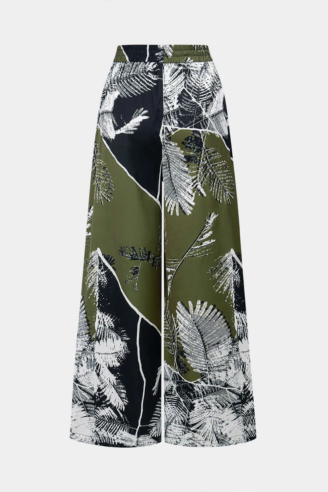 Leaves Contrast Print Satin Shirred Waistband Wide Leg Pants sold by Micas product image thumbnail 2