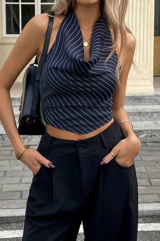Stripes Print Draped Cowl Neck Halter Tie Up Backless Cami Top sold by Micas