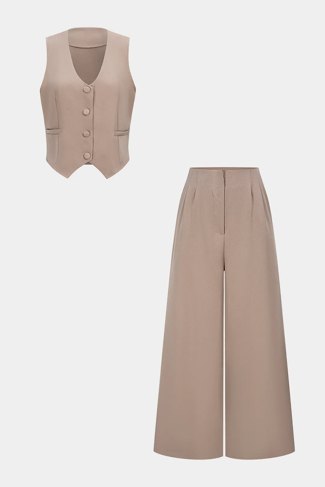 V-Neck Button Pocket Vest And Ruched Zipper Pants Set sold by Micas