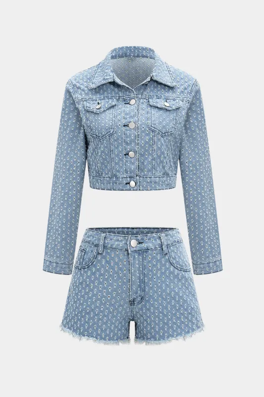 Denim Hollow Out Outerwear And Ripped Shorts Set sold by Micas