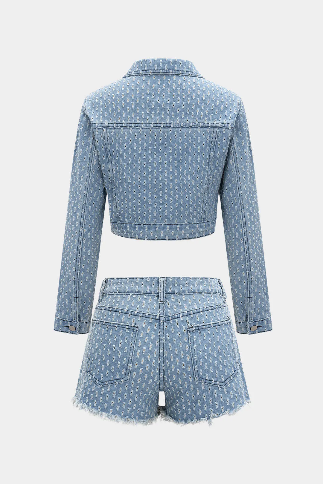 Denim Hollow Out Outerwear And Ripped Shorts Set sold by Micas product image thumbnail 2