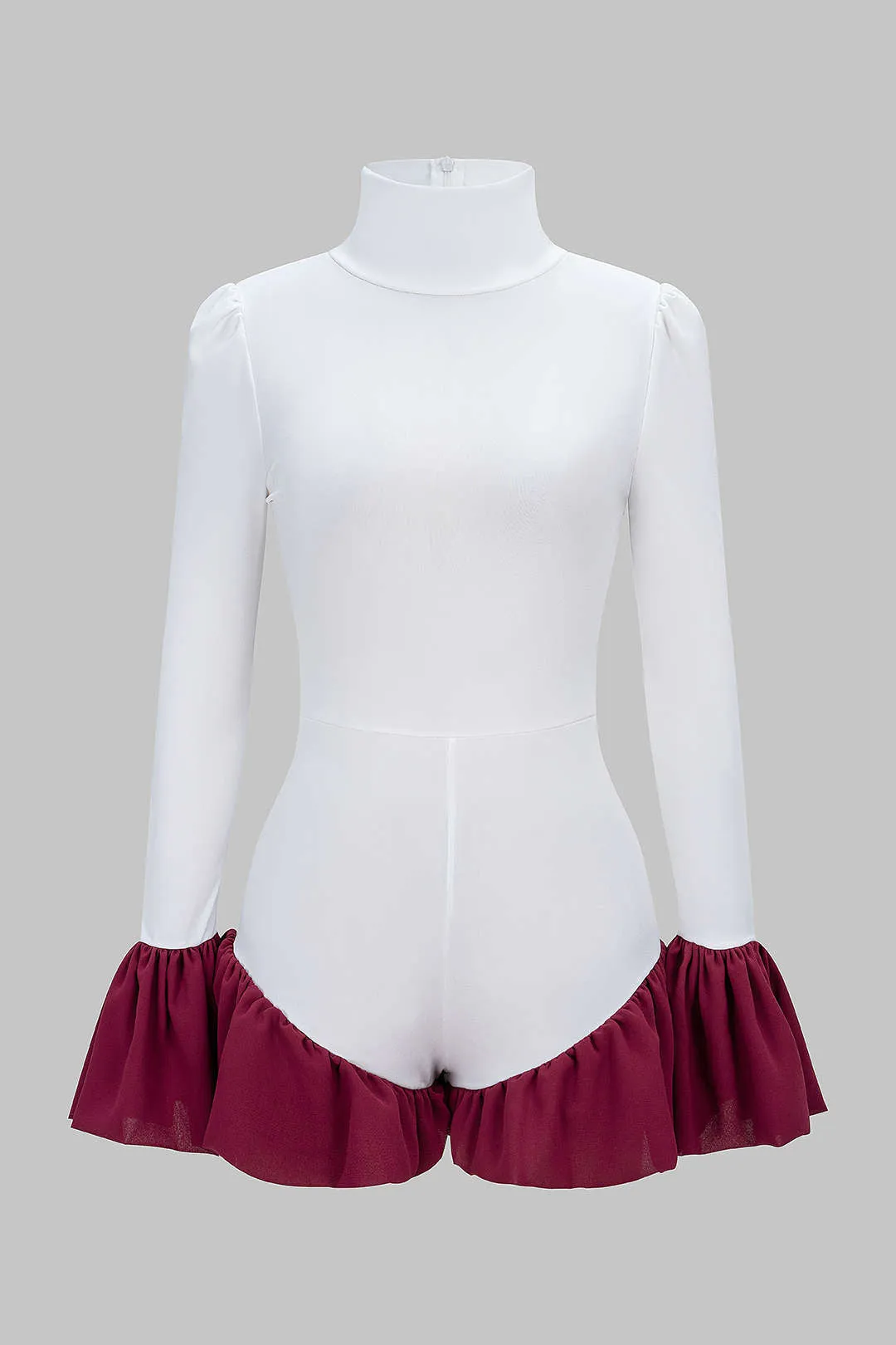 Contrast Mock Neck Ruched Bell Long Sleeve Bodysuit sold by Micas