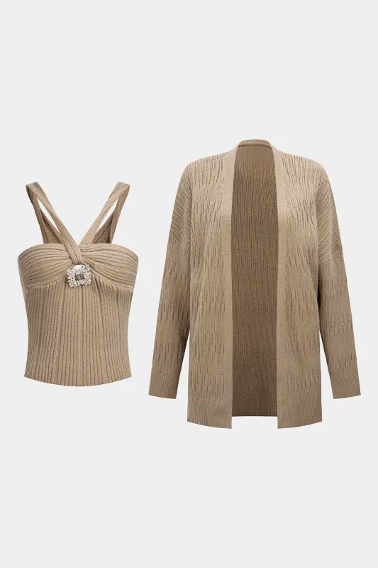 Knit Rhinestone Decor Crossed Cami Top And Cardigan Set sold by Micas