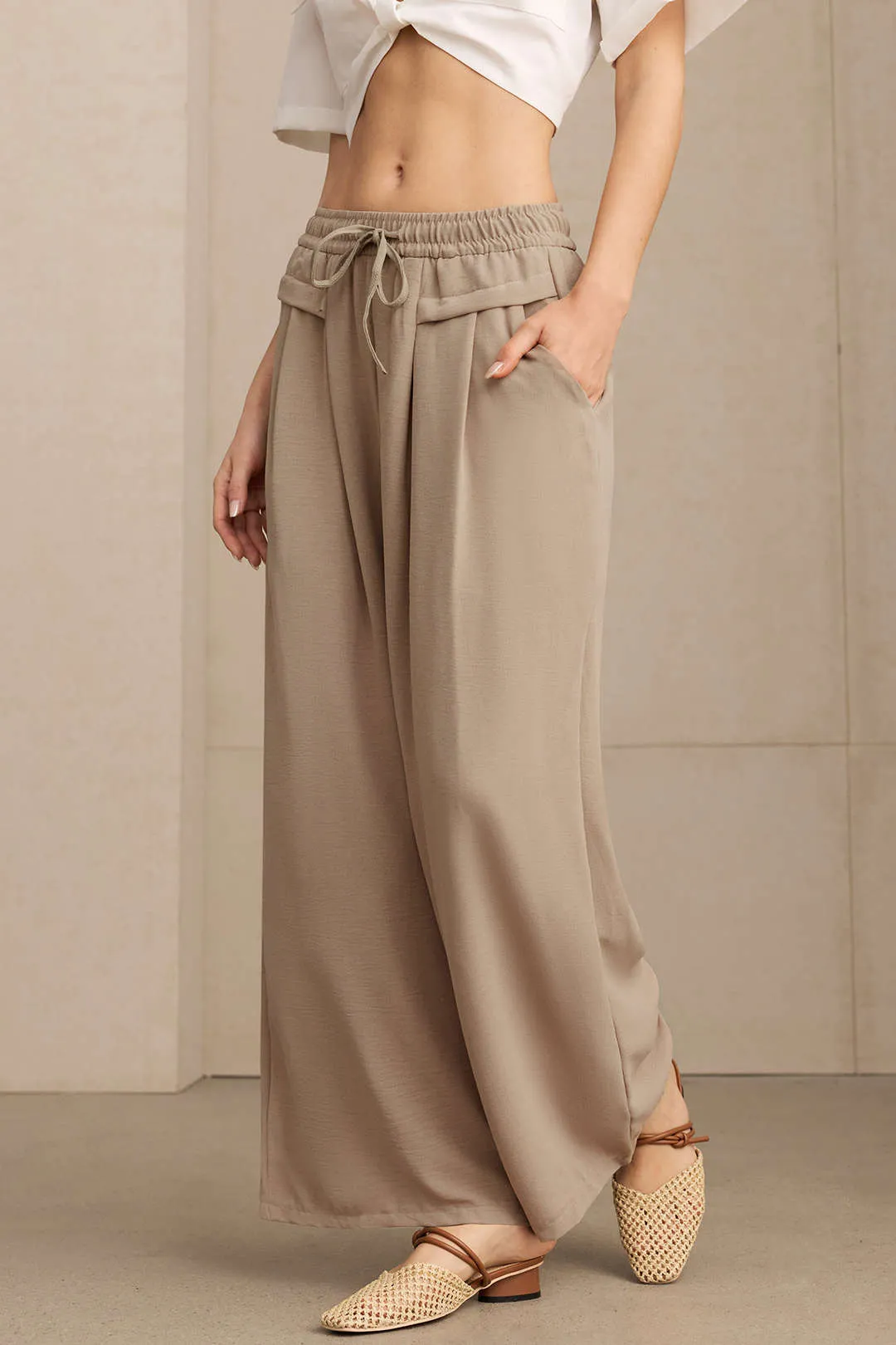 Drawstring Shirred Waistband Wide Leg Pants sold by Micas