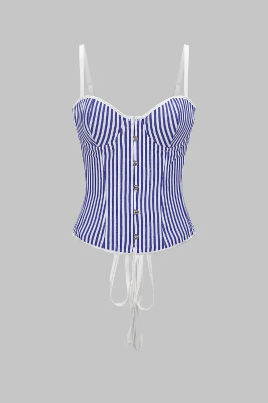 Stripes Print Button Hook And Eye Tie-Back Slip Cami Top sold by Micas