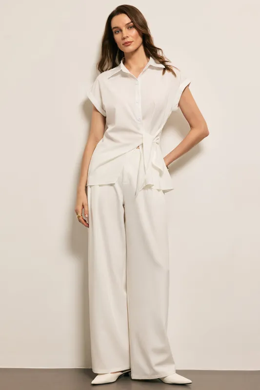Asymmetrical Tie Front Long-Sleeve Shirt And Pants Set sold by Micas